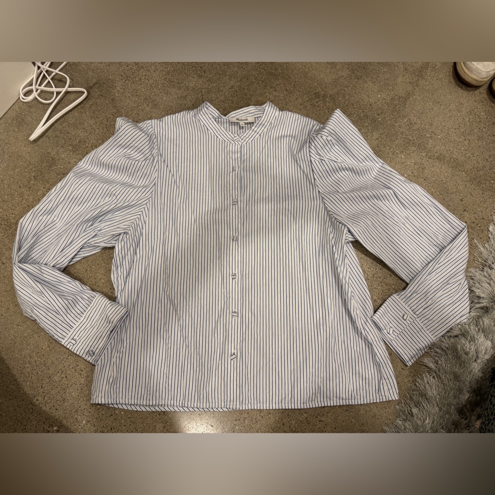 Madewell Puff Sleeve Blue and White Striped Button Down Shirt